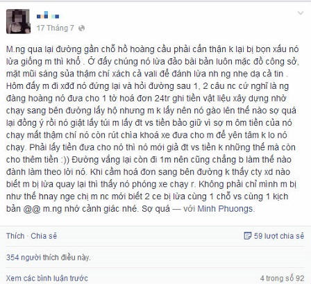Nữ sinh đồng loạt lên Facebook kể chuyện bị cướp ở hồ Hoàng Cầu